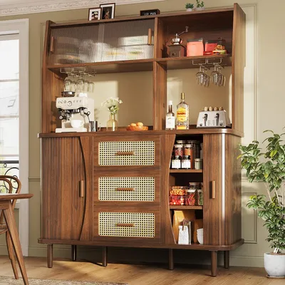 Produktbild von Küchenschrank mit Rattanoptik & Glasschiebetüren Hochschrank Küchenbuffet Vitrinenschrank Buffetschrank 140*40.5*174.5cm Walnut