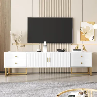 Zdjęcie produktu dla Fortuna Lai szafka niska pod telewizor 70-79 cali, niski panel z teksturowanymi drzwiczkami, szafka pod telewizor z płyty MDF, 2 szafki i 4 szuflady, nowoczesna szafka pod telewizor, 175 x 30 x 46 cm, biały