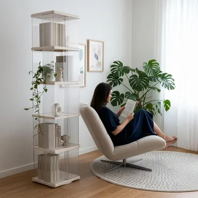 Obrázok produktu pre 360° otočná knižnica, 5-poschodová vežovitá polica, priehľadná, 168,5 x 36 x 36 cm, nosnosť do 100 kg