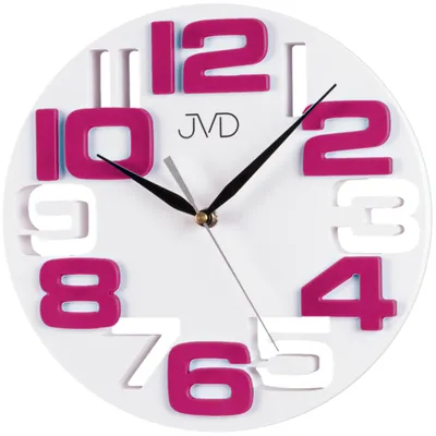A white round wall clock with pink and white numbers and black hands.
