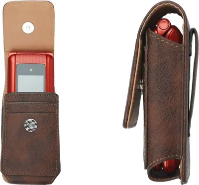 A brown leather flip phone case with a red flip phone inside, shown from the front and side.