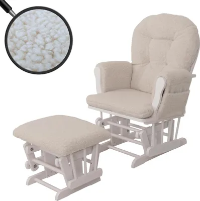 Produktbild von Lehátko HWC-C76, houpací křeslo křeslo + taburet tkanina bouclé 480g/m² Oeko-Tex  krémový rám bílý