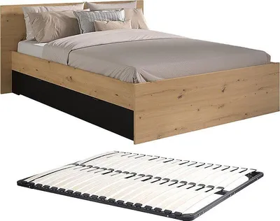 Produktbild von Bett mit 2 Schubladen + Lattenrost - 140 x 190/200 cm - Holzfarben & Schwarz - VARLY
