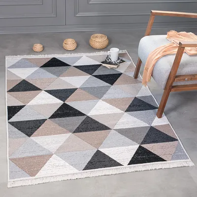 Image de Tapis court tapis tapis - tapis boho kilim, tapis de salon, tapis de chambre et de cuisine, tapis d'entrée, 80 x 150 cm, Gris carreaux