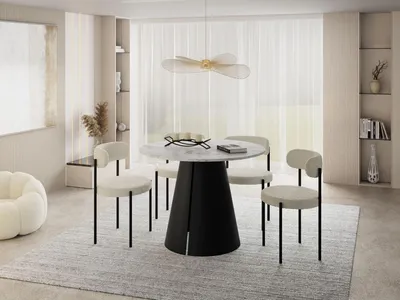 Produktbild von Esstisch Rund Ausziehbar im Loft-Stil – 120 bis 200 cm – Industrieller Platzsparender Tisch mit Schwarzen Konischem Metallbeinen für 6 bis 10 Personen, Esszimmer – Marmor Weiß