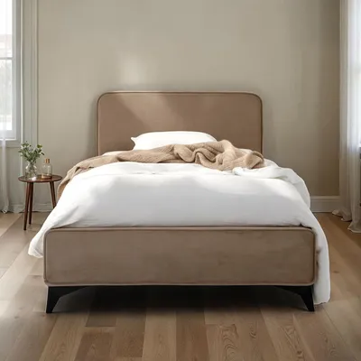 Produktbild von Polsterbett LAVORO Einzelbett 90x200, greige - Bett mit Lattenrost und Samtstoffbezug, Bettgestell mit gepolstertem Kopfteil, modernes Design, Robuster Holzrahmen & Metallbeine