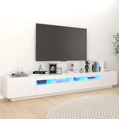 A white TV stand with LED lighting is shown against a white wall.