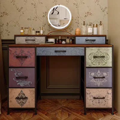 Image de Commode vintage - Meuble à tiroirs avec tiroirs en tissu - 4 tiroirs - Structure métallique - Pour chambre à coucher/salon - À monter soi-même - Sans LED