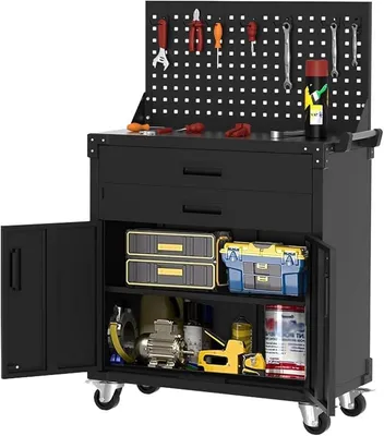 Produktbild von Metall Aufbewahrungsschrank Mit Rollen, Werkzeugschrank Mit 2 Verstellbaren Einlegeböden, Lochwand, Abschließbar, 4 Räder, Robust & Rostbeständig, Werkzeugwagen Für Garage & Werkstatt, Schwarz