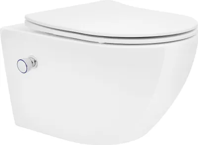 Produktbild von LuxeBath závesné WC bez ráfika dlhé 52 cm, biele, z keramiky s funkciou bidetu, WC s mäkkým zatváraním Soft-Close odnímateľné WC sedadlo Duroplast