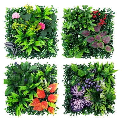 Produktbild von Pflanzenwand für den Außenbereich, 4 Stück Kunstpflanzen für Wanddekoration, 25 x 25 cm Künstliche Pflanzen für Balkon und Garten