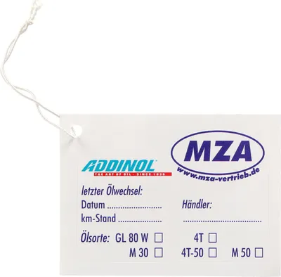 Zdjęcie produktu dla Addinol - naklejka na wymiane oleju MZA do motorowera / motocykla, bardzo elastyczna, dobra do przymocowania do krzywych (zapis: status KM: / dealer:
