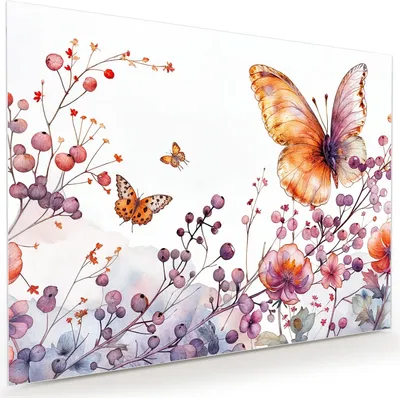 Produktbild von Glasbild 120x90cm in XXL für Wohnzimmer, Schlafzimmer Motiv Blumen und Schmetterlinge