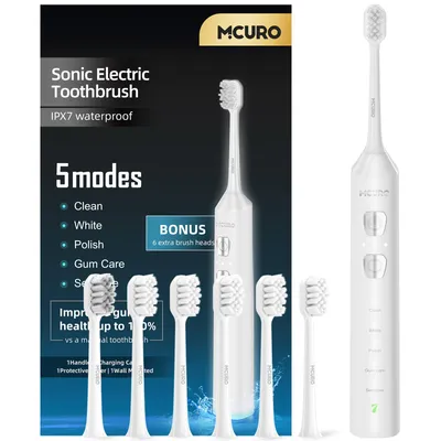 Produktbild von MCURO Elektrische Schallzahnbürste, 45.000 VPM, 5 Modi & 3 Intensitätsstufen, Type-C Schnellladung, 180 Tage Akku, 6 Bürstenköpfe, Weiß