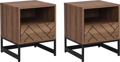 Produktbild von 2er-Set Nachttische mit 1 Schublade & 1 Ablage - MDF & Stahl - Holzfarben & Schwarz - CARATANA