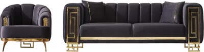 Produktbild von Villa Möbel Sofa Set Magnifica Farbe: Schwarz Stellvariante:3+1 Strukturierte Rückenpartien mit Steppnähten