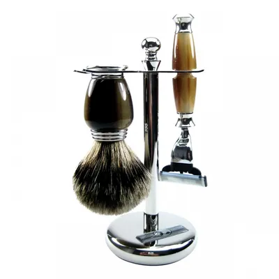 Produktbild von Gold Badger Shaving Set Faux Horn Brass Fitting Gala Lith Silver Badger Tipped Hair