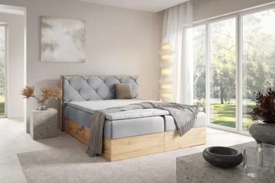 Produktbild von MEBLINI Boxspringbett mit Bettkasten - Gepolstert Doppelbett mit Matratze und Topper - Polsterbett mit Stauraum - Bett mit Kopfteil - Stauraumbett - LOFTY 12 - 160x200 - H4/Hellgrau Samt