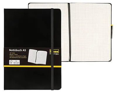 Produktbild von 1 x Notizbuch DIN A5 kariert schwarz / 192 Seiten / Holzfreies cremefarbenes Papier, Idena, 15 x 21cm