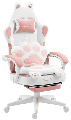 Produktbild von Gaming-Stuhl ergonomisch, Fußstütze, Stoff, verstellbar, Katzenpfoten-Design Rosa-Weiß