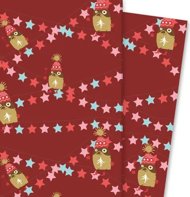 Produktbild von Schönes Weihnachts Geschenkpapier mit Pinguin und Sternen, rot - G4197, 32 x 48cm