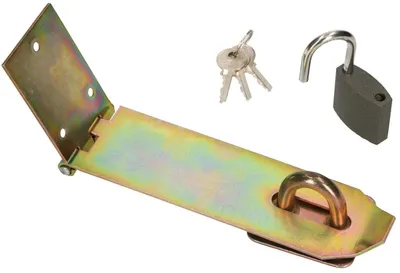Productafbeelding van KOTARBAU® Hasp met hangslot, 3 verschillende maten, geel verzinkt, overloopscharnieren, poortscharnieren, gepantserde grendel, veiligheidshasp (170 mm)
