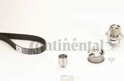 A timing belt kit with a water pump and other components laid out on a white background with a large 'Continental' logo overlay.