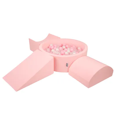 Obrázok produktu pre KiddyMoon Mäkké penové ihrisko pre deti s guľatým loptičkovým ihriskom (200 ∅ 7 cm) s mäkkými prekážkami a loptičkovým bazénom,  vyrobené v EÚ, Ružová: Púdrovo ružová/Perla/Transparentné,
