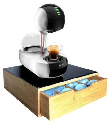 Produktbild von Kapselhalter/Kaffeemaschinenständer mit Schublade - Schwarzes Glas/Bambusholz - Kaffeepad- und Tassenständer - Getränkehalter Teedose Kapselhalter