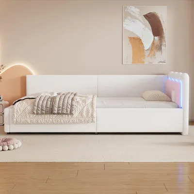 Produktbild von okwish Jungendbett 90×200 Tagesbett mit LED-Umgebungslicht,Einzelbett mit Vliesimitat,Weiß (ohne Matratze)