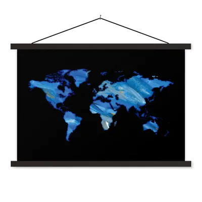 Produktbild von MuchoWow® Textilposter Weltkarte - Schwarz - Aquarell 90x60 cm mit schwarzem Rahmen - Aufhängungssatz