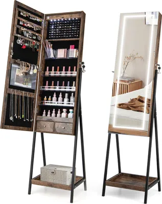 Produktbild von GOPLUS Schmuckschrank LED mit Ganzkörperspiegel, Spiegelschrank  abschließbarer Schmuck-Organizer, Schmuckaufbewahrung braun