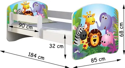 A children's bed with a jungle animal theme, shown from a side-diagonal angle.