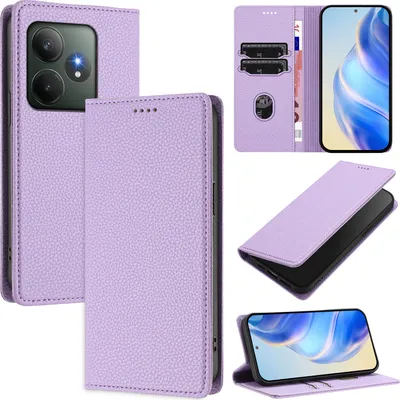Produktbild von Litchi Leder Handyhülle für Realme GT 6/Realme GT 6T Wallet Kartenfächer Standfunktion Hülle Violett