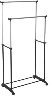 A double garment rack with two hanging bars, on wheels, against a white background.