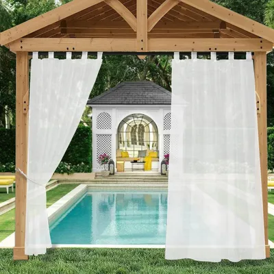 A backyard scene with a swimming pool, gazebo, and white sheer curtains.