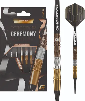 Produktbild von GOAT – Ceremony 90% Tungsten Dartpfeile Softtip, Schwarz & Gold, Mit Extra Flights und Shafts, Softdarts, Profi Dartpfeile Set, 3 Softdart Pfeile