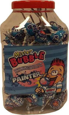 Produktbild von Mister Bubble Knotsen met Bubble Gum Vulling Painter 100 Stck pro Dose (Färbende Lutscher mit Kaugummi Füllung)