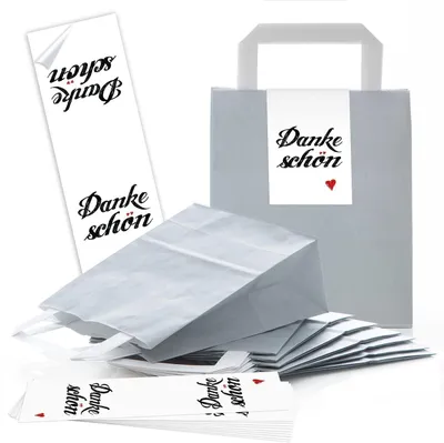 Produktbild von 100 hell-graue Papiertüten Papier-Tragetaschen Henkel-Tüten Boden 18 x 8 x 22 cm kleine Papiertaschen + Aufkleber + DANKE-SCHÖNrot Verpackung give-away Kunden-tüte Geschenktasche10 Stück