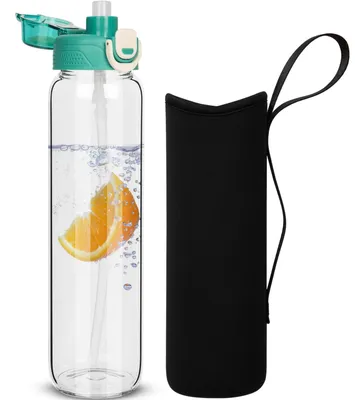 Productafbeelding van 1 Liter Glazen Drinkfles met Rietje en Neopreen Hoes