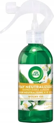 A spray bottle of Air Wick air freshener with a floral design.