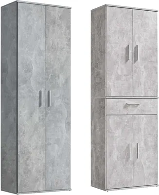 Produktbild von mokebo® Mehrzweckschrank Set 2-teilig 'Die Allzweckwaffe', Schrank-Set mit Mehrzweckschrank & Besenschrank in Betonoptik bzw. Grau, nutzbar als Aktenschränke, Büroschränke oder Allzweckschränke