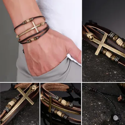 Produktbild von Retro Kunstleder Kreuz Armband Armreif Damen Herren Schmuck Verstellbare Seilkette