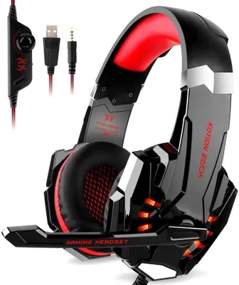 A gaming headset with a microphone is shown against a white background.