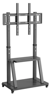 Productafbeelding van Mobiele TV-wagen - TV-standaard met verstelbare hoogte - Geschikt voor televisies van 81 tot 254 cm - VESA-standaard 600 x 400 - Draagvermogen tot 80 kg - 2 opbergplanken - Vergrendelbare wielen - Zwart