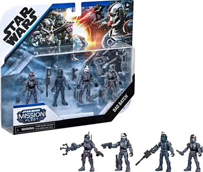 A Star Wars Mission Fleet Bad Batch 4-pack action figure set in its original packaging, with additional figures shown below.