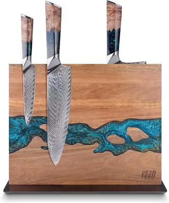 Imagen del producto de Bloque para cuchillos magnético, de madera, con incrustación de resina epoxi azul, de doble cara
