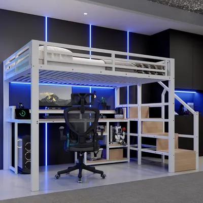 Produktbild von Flieks Etagenbett 140x200cm mit Schreibtisch und Ablage, Kinderbett Hochbett mit Led und Ladefunktion, Jugendbett Metallbett mit Treppe, Weiß