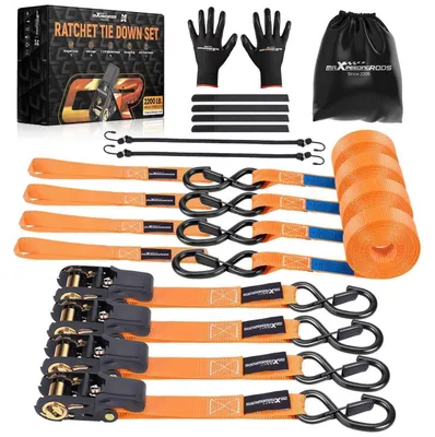 Immagine prodotto di Cinghie di sollevamento con sistema a ratrapello, 4 pezzi, lunghezza 4,5 metri, capacità di carico 997 kg, ganci da 25 mm, colore arancione, incluse borsa e elastici