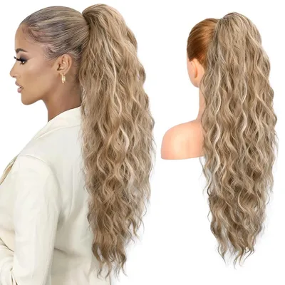 Zdjęcie produktu dla Przedłużenie włosów w koku, długość 66 cm, falowane, z gumką, kolor brązowo-blond